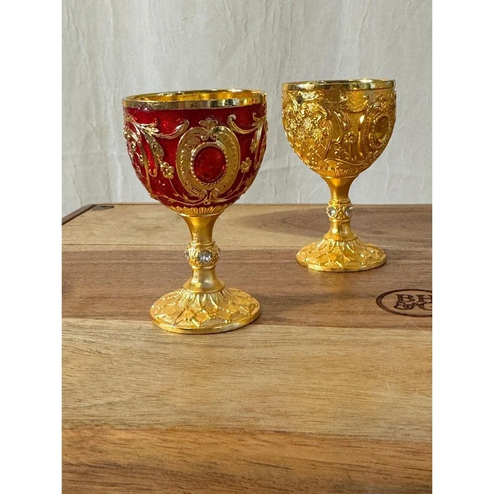 Vintage Ornate Mini Chalice Set 4 Small Gold Red Baroque Filigree Rhinestone 3in